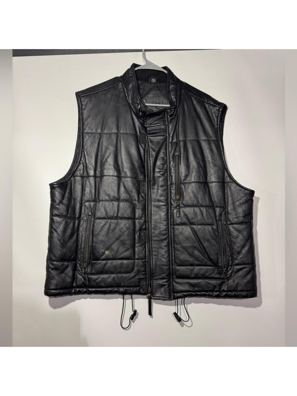 Black Leather Quilted Vest with Zipper Pockets